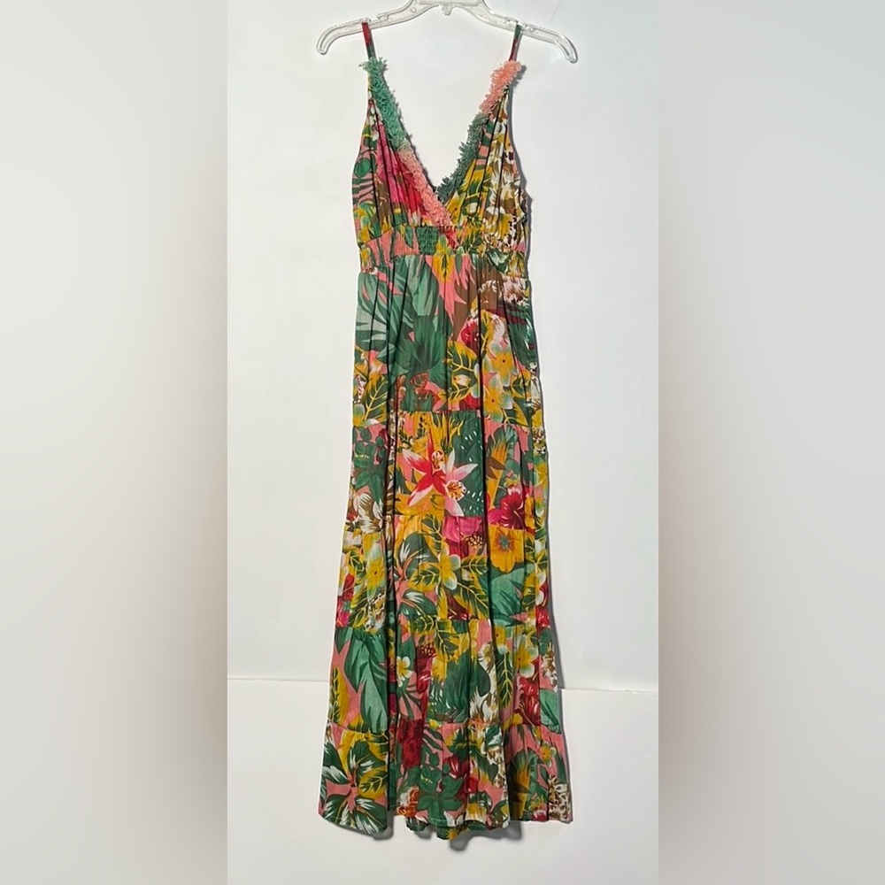 KARAKORUM Resort Beach Boho Floral Tiered Smock Waist V-Neck Fringe Maxi SZ S/M